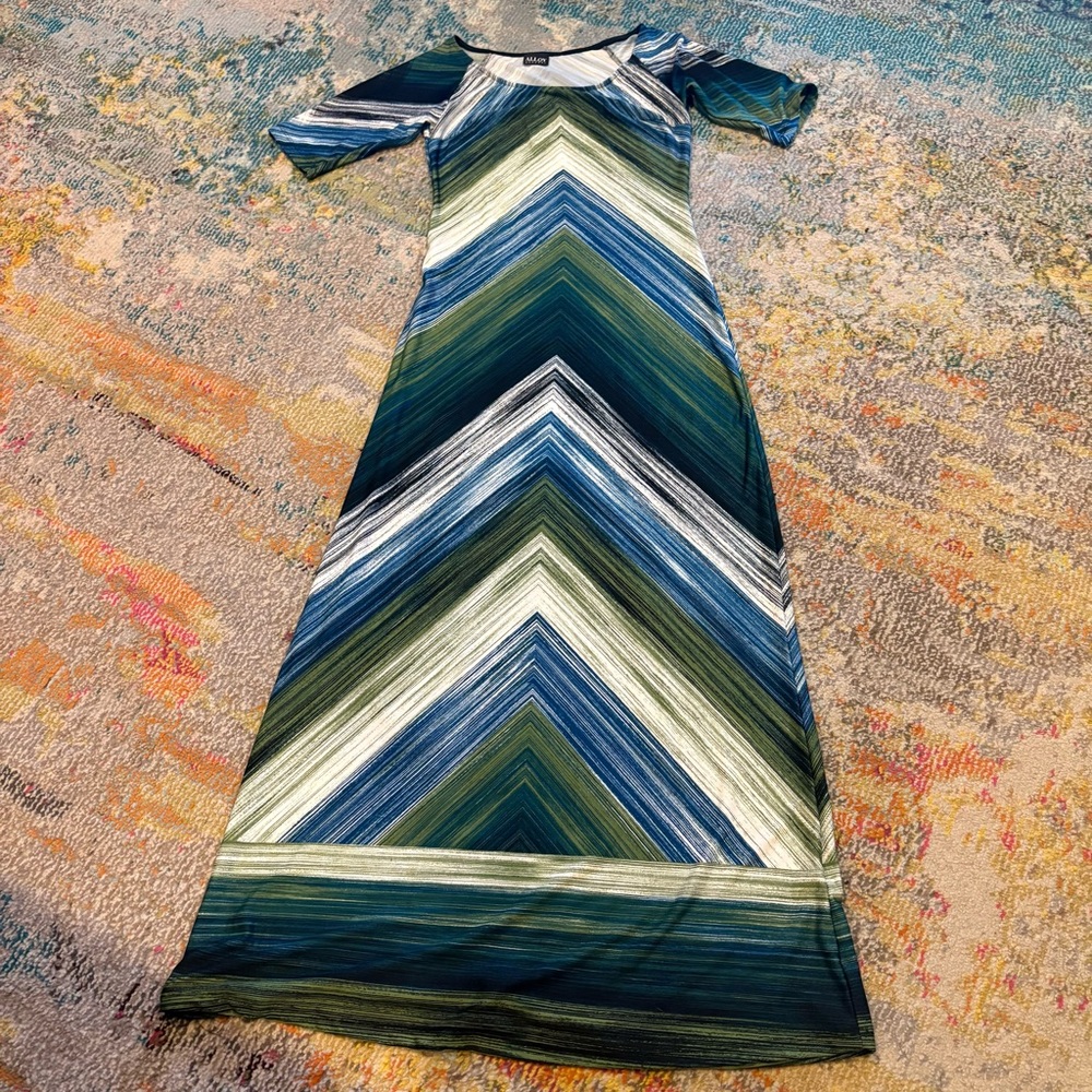 Alloy Maxi Dress Green Blue & White Chevron Print GUC Medium M Casual 3/4 Sleeve